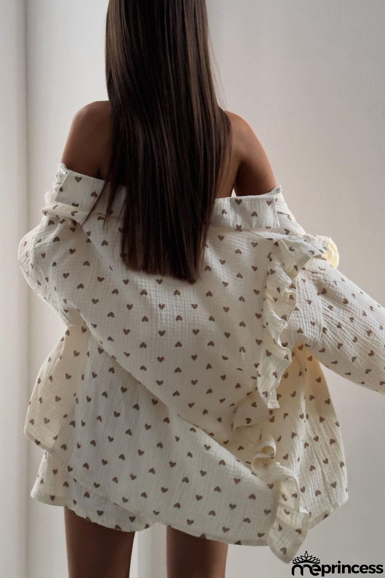 Heart Print Ruffle Long Sleeve Shirt Two Piece Shorts Set