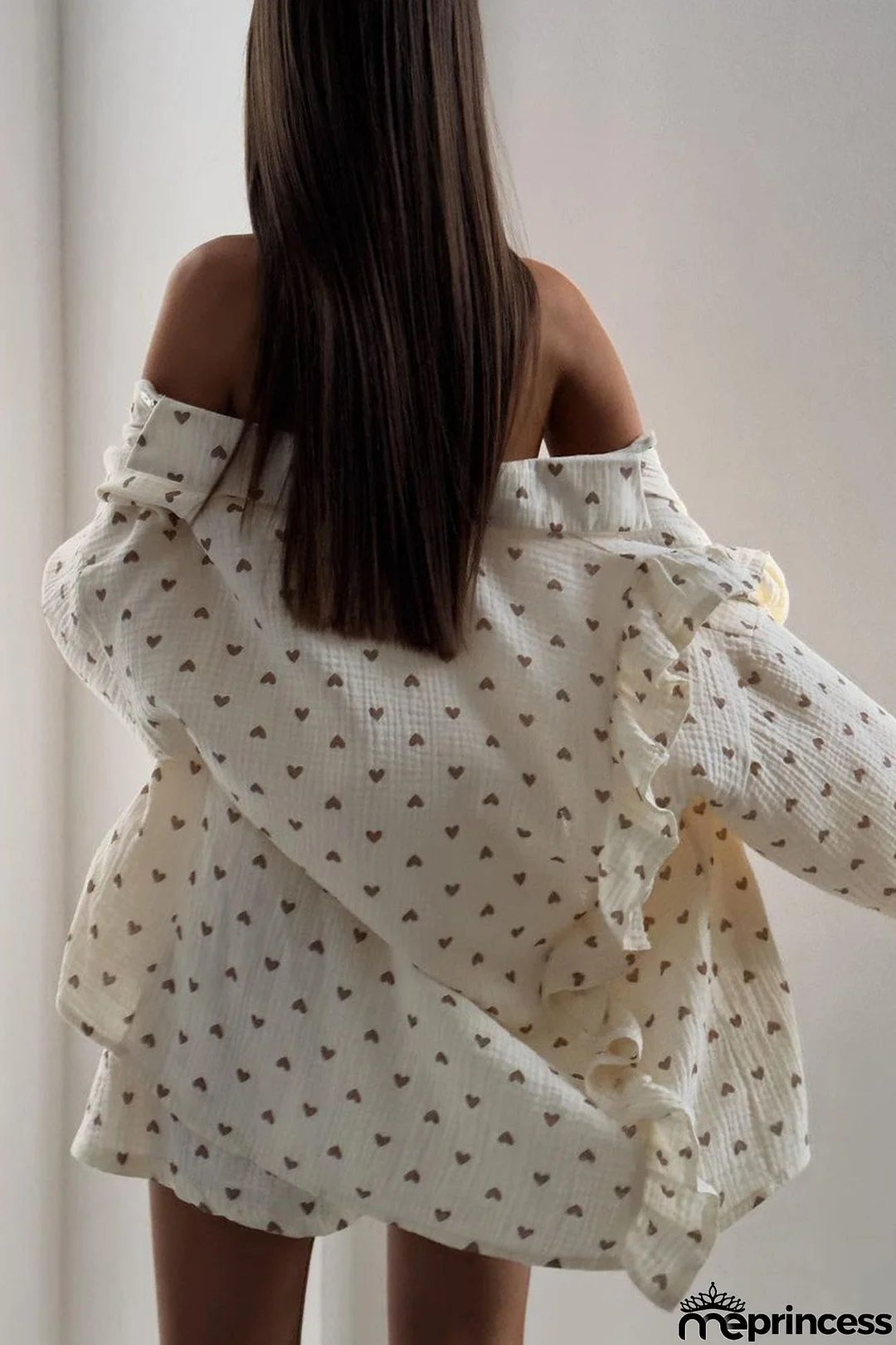 Heart Print Ruffle Long Sleeve Shirt Two Piece Shorts Set