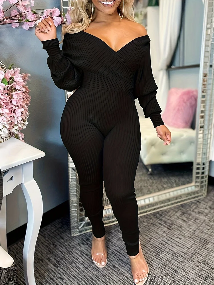 Casual Chic Ribbed Knit Surplice Neck Jumpsuit