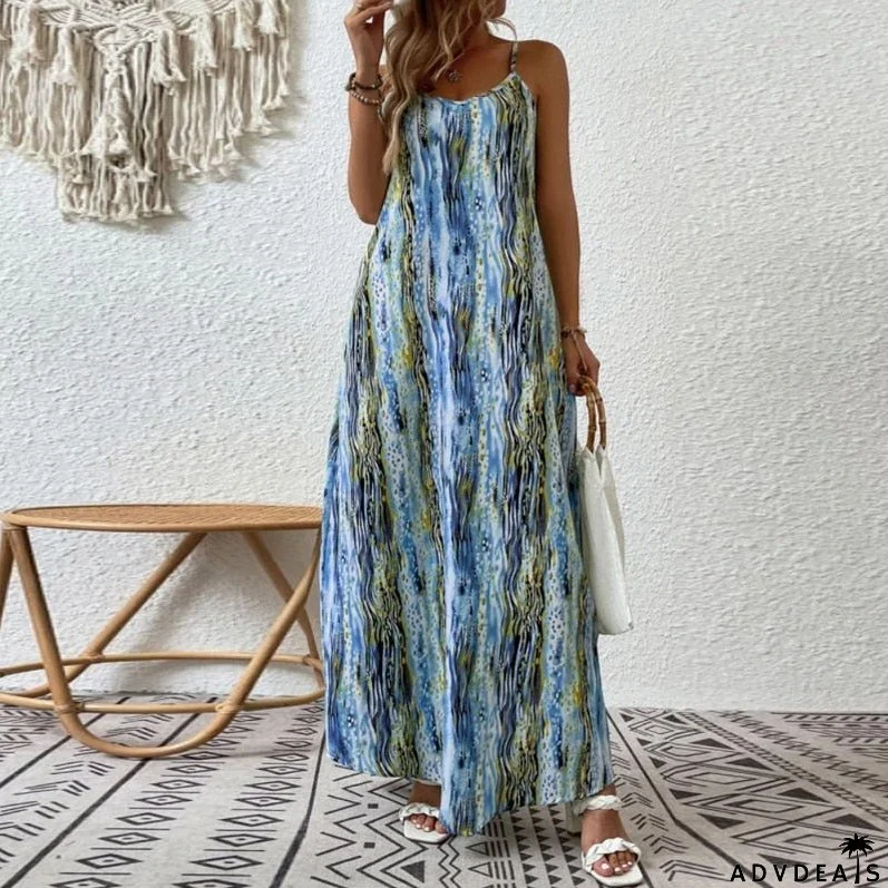 Women Elegant Pattern Printed Bohe Long Dress V-neck Backless Beach Dresses