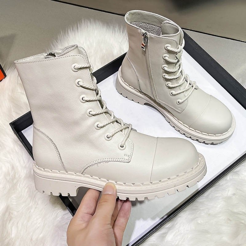 CXJYWMJL Genuine Leather Autumn Martin Boots For Women Side Zipper British Style Motorcycle Boots Fashion Ladies Cowhide Booties