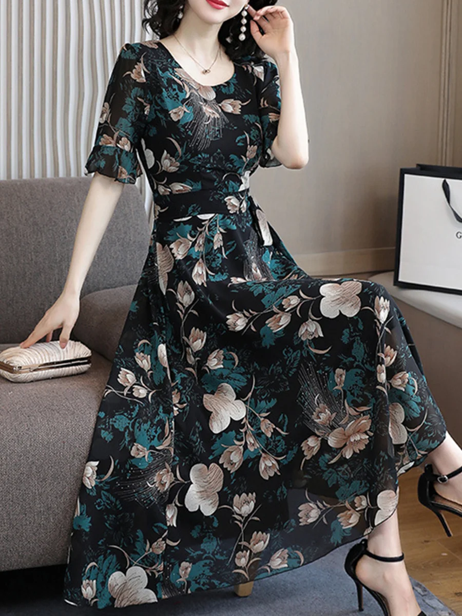 Fashion long floral elegant dress with big swing - SissiStyles.com