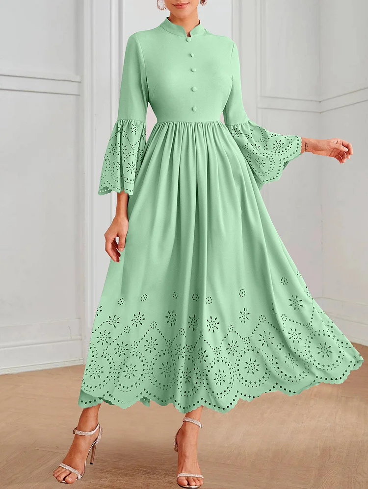Ursime Solid Flared Sleeve Mock Neck Button Band Waist  Lace Dress