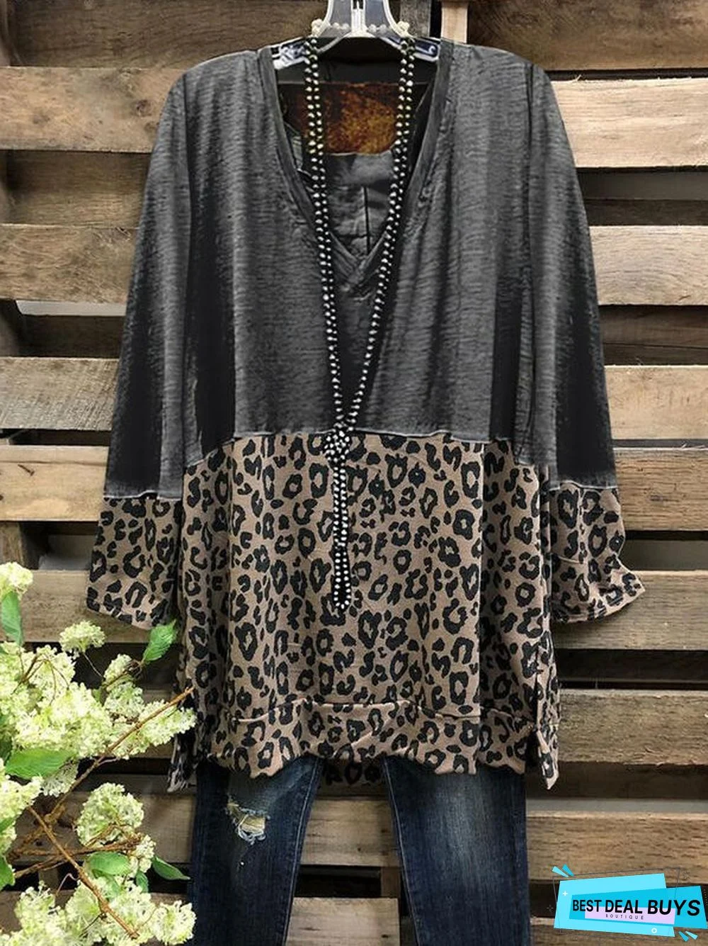 Color Block Leopard V-Neck Long Sleeve Casual Blouse