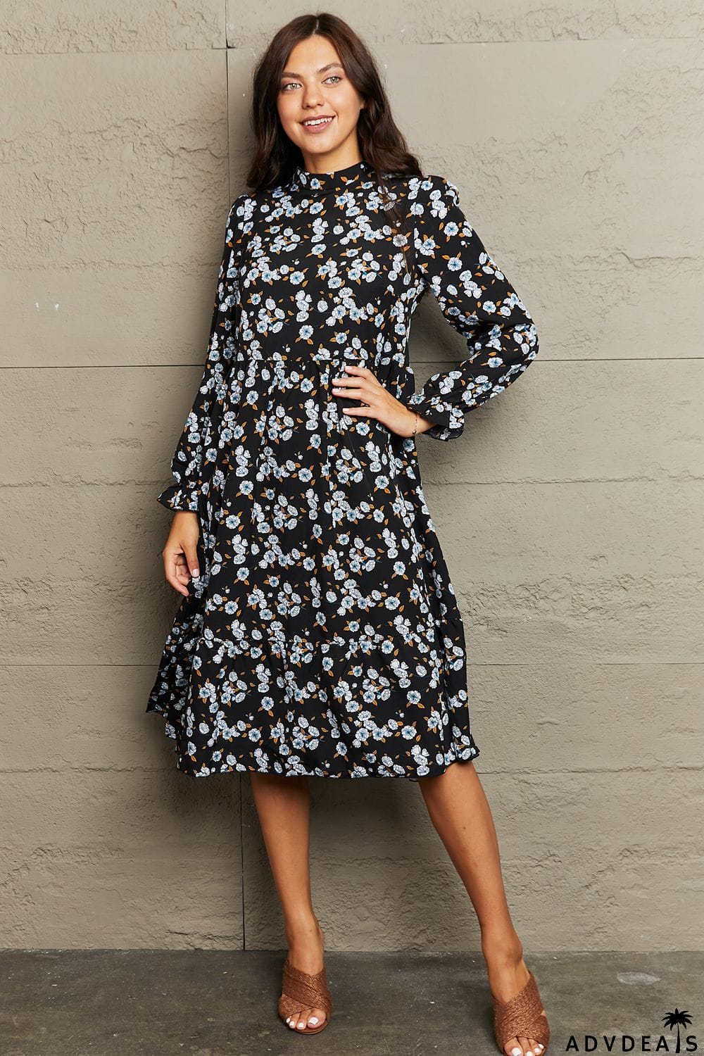 Printed Round Neck Flounce Sleeve Dress