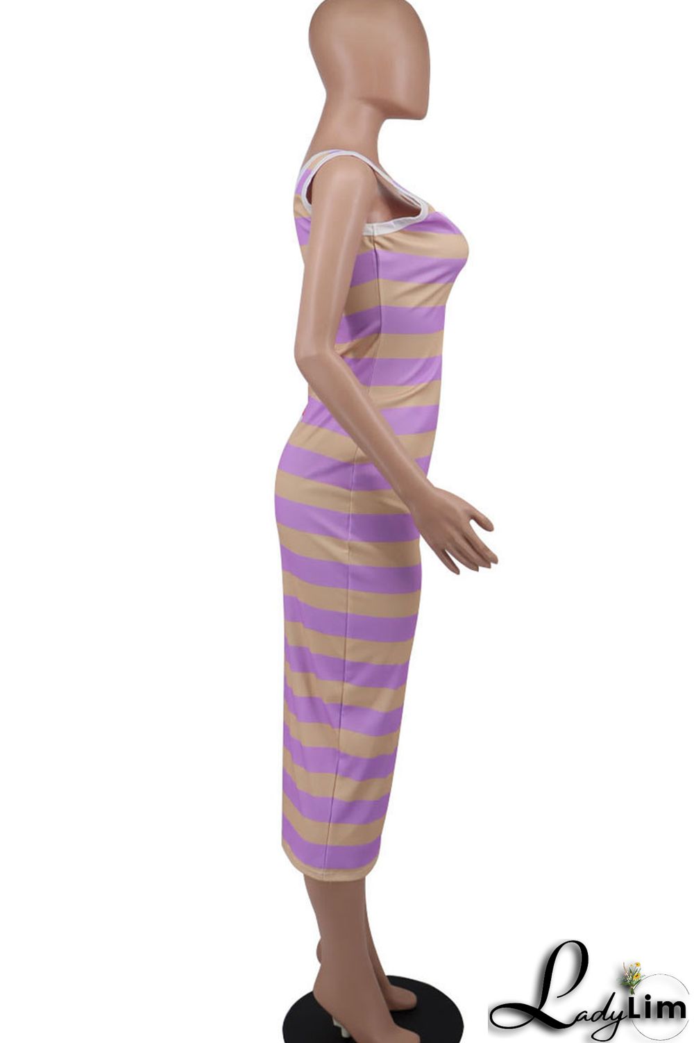 Blue Casual Striped Print Patchwork U Neck Pencil Skirt Dresses