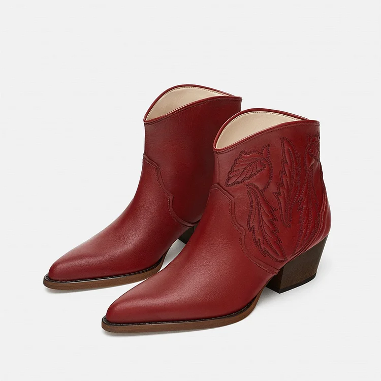 Burgundy Retro Embroidered Pointed Toe Block Heel Western Ankle Boots |FSJ Shoes