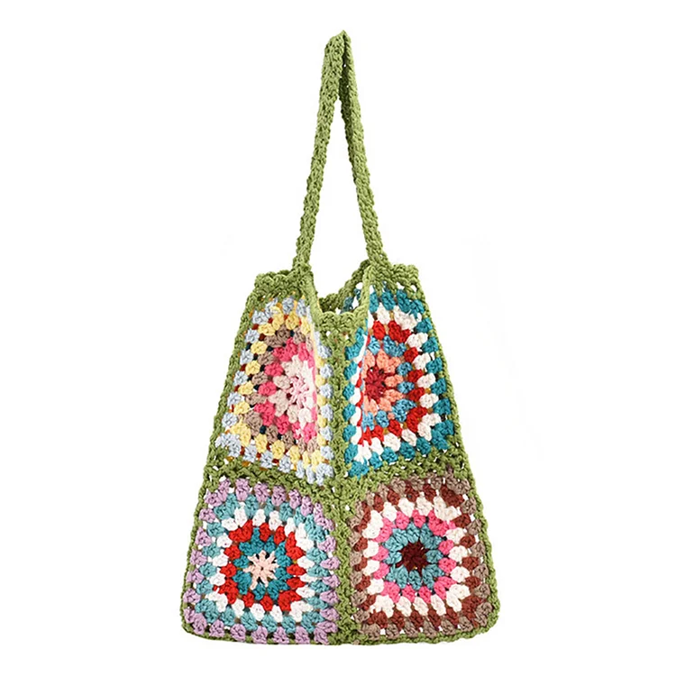 Women Flower Crochet Bag Bohemian Aesthetics Bag Summer Beach Bag (Green)