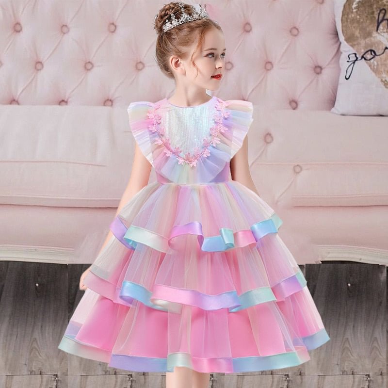 Summer Cake Rainbow Girls Dress Mesh Gauze Flower Children Clothes Party Wedding Princess Dresses Kids Baptism Costume 4 8 Years
