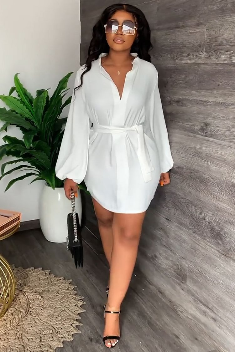 Lantern Sleeve V Neck Belted Casual Mini Dresses