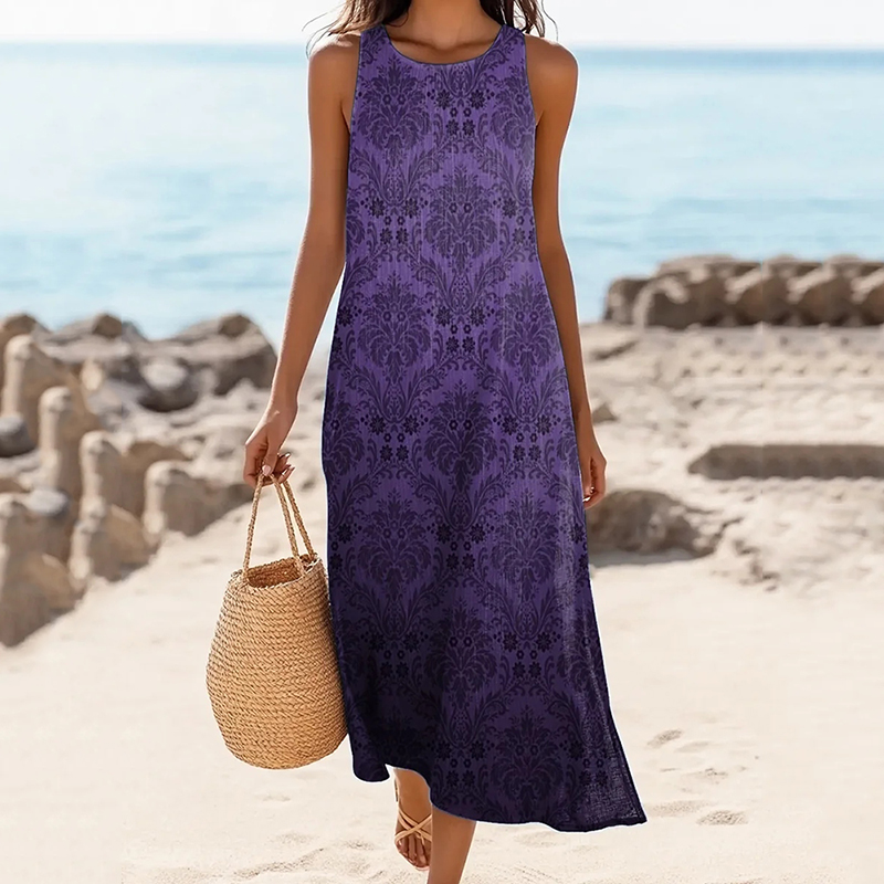 Comstylish Women's Ethnic Totem Floral Print Round Neck Linen Blend Tank Midi Dress