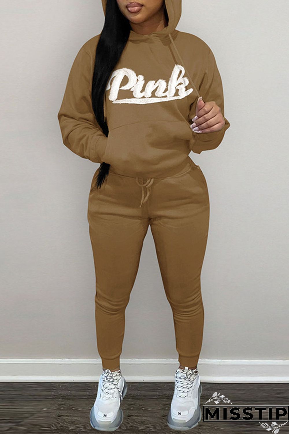 Brown Casual Solid Embroidered Patchwork Hooded Collar Long Sleeve Two Pieces