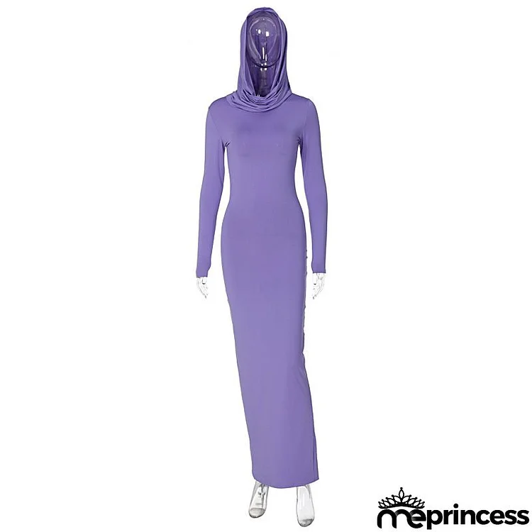 Women Fashion Solid Color Slim Back Split Hooded Maxi Dress