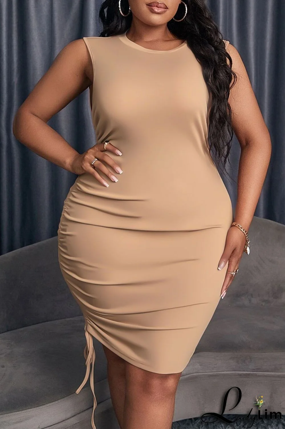 Apricot Casual Solid Bandage Patchwork O Neck One Step Skirt Plus Size Dresses