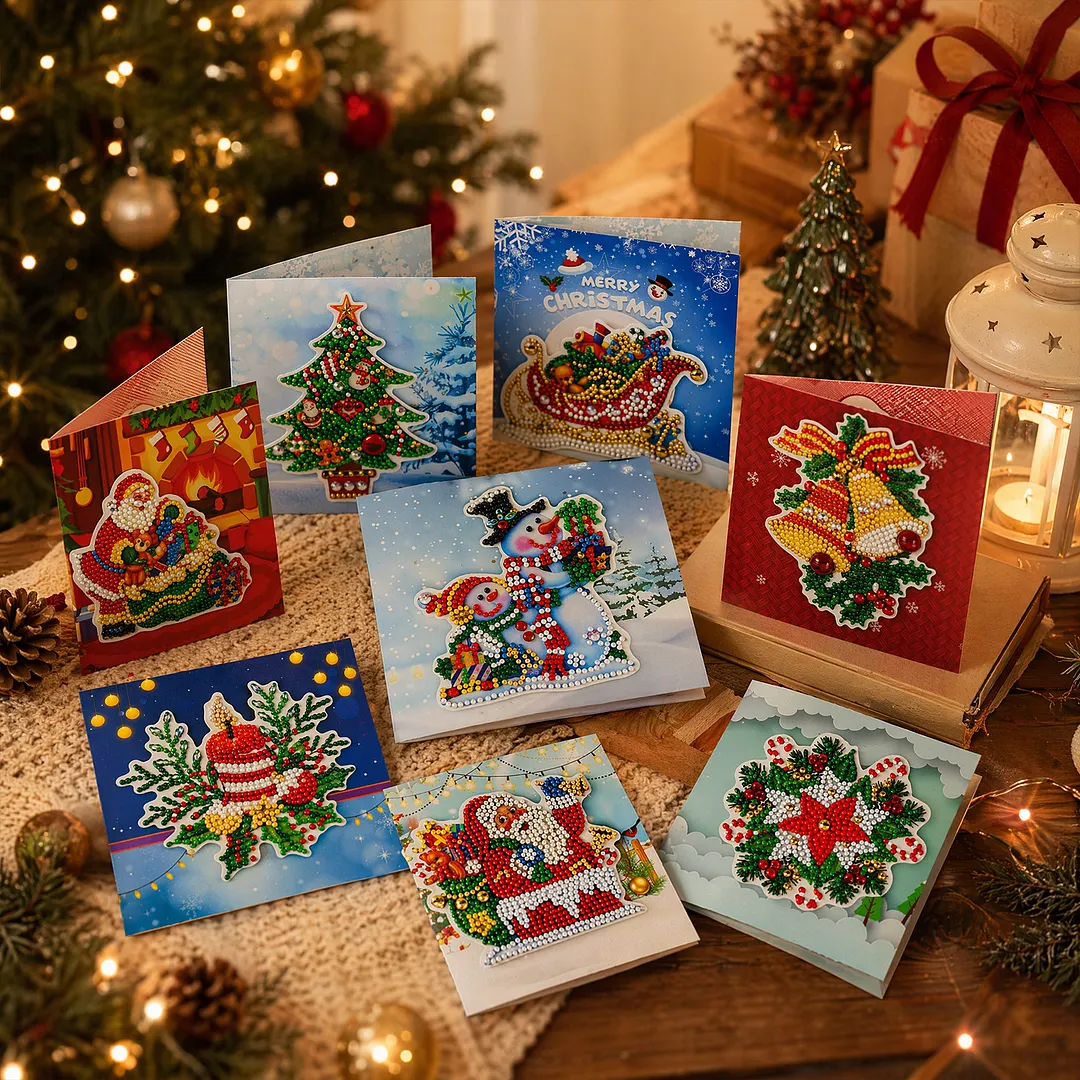 8PCS Christmas Atmosphere DIY Diamond Painting Greeting Card Kits with Envelopes Diamond Art Greeting Cards Diamond Art Cards Kits for Adults DIY Crafts Family Friend Gifts