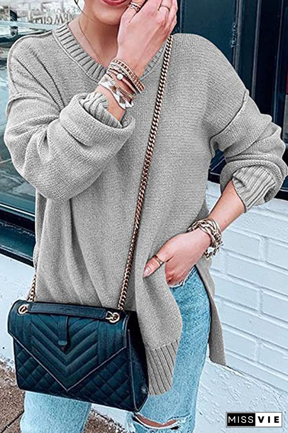 Casual Solid Patchwork Slit O Neck Tops Sweater