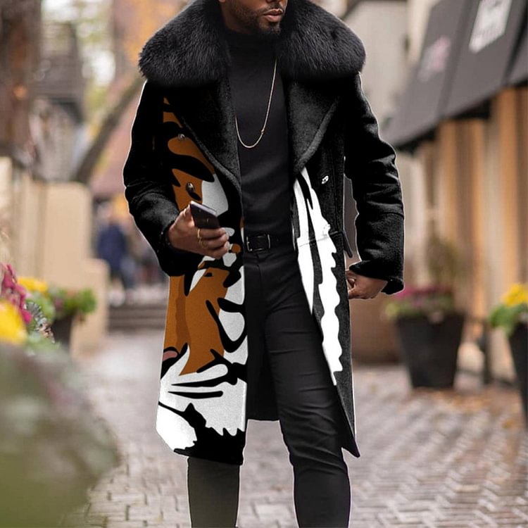 BrosWear Patterned Fur Collar Woolen Coat