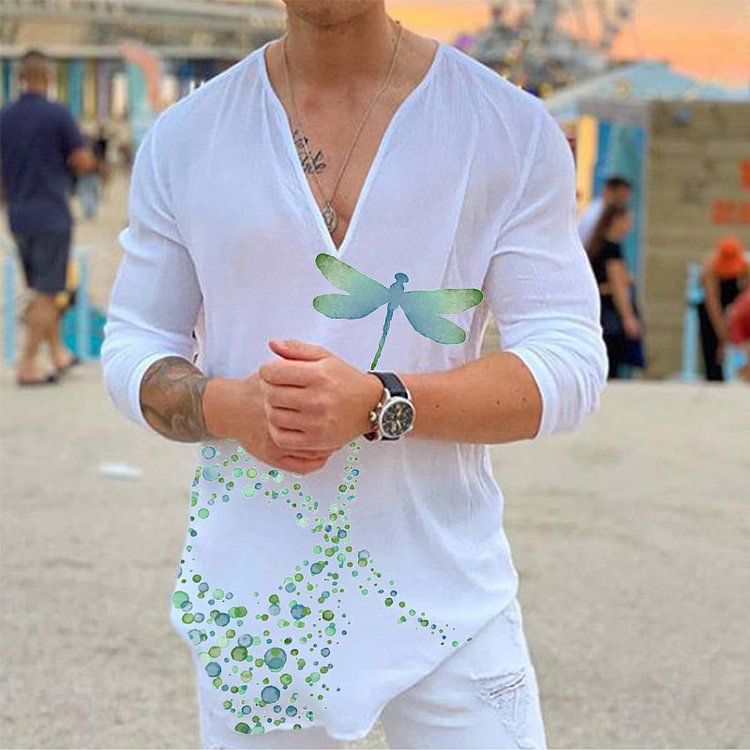Pre-sale Men's casual V-neck dragonfly print T-shirt