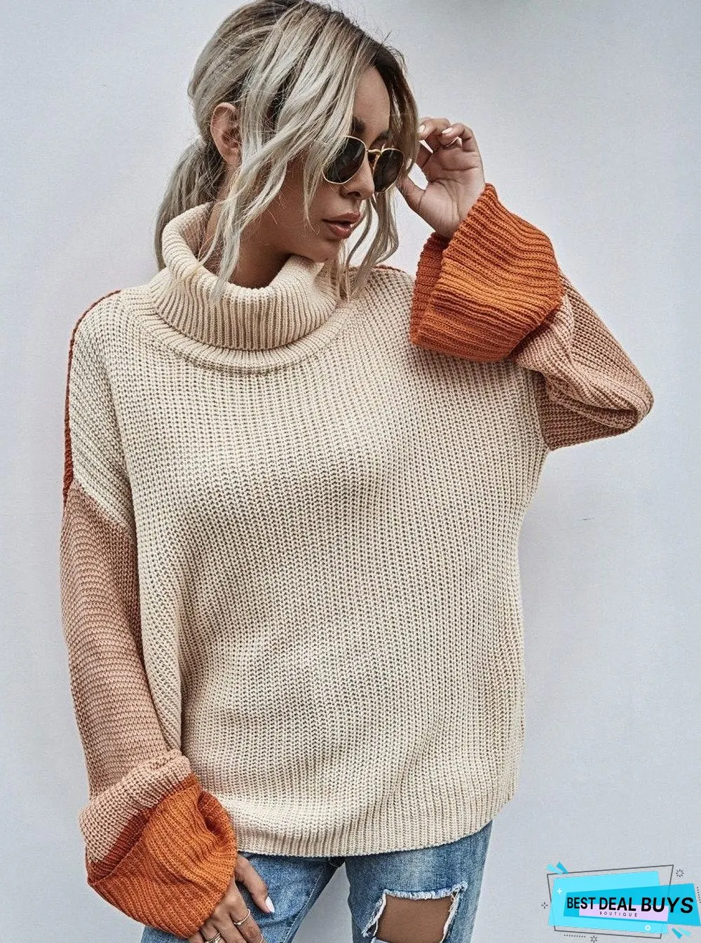 Women Fall/Winter New Style Lapel Contrast Color Pullover Sweater