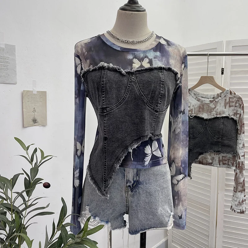 Uveng Solid Shooting Tie-Dye Print Spliced Denim T-Shirt Girl Autumn Design Sense Irregular Hair Side Short-Sleeved Top 2617