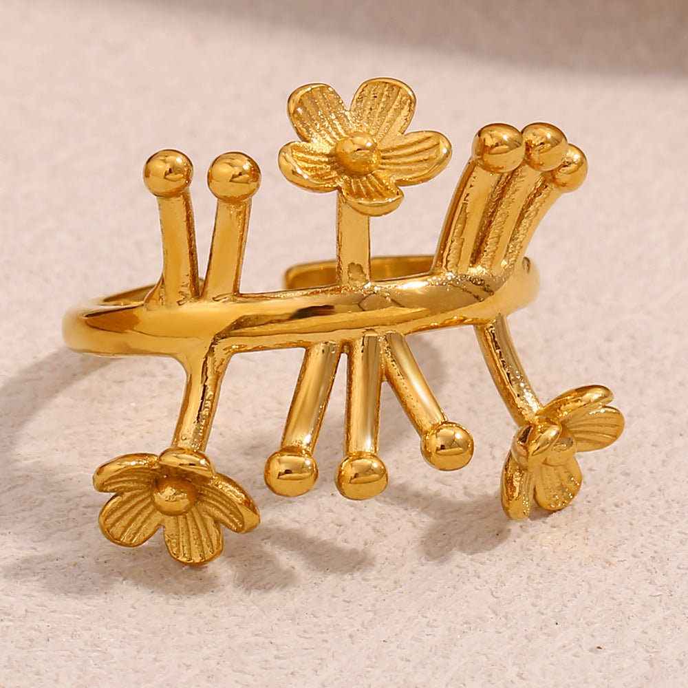 Ins Style Niche Fashion Personality Design Hand Stainless Steel Plated 18K Gold Flower Opening Ring