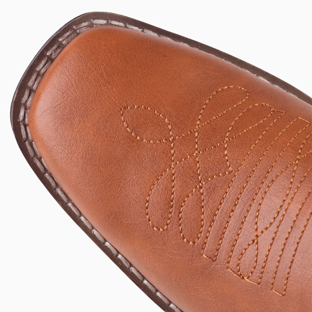 Brown Square Toe Chunky Heel Butterfly Embroidered Cowgirl Boots