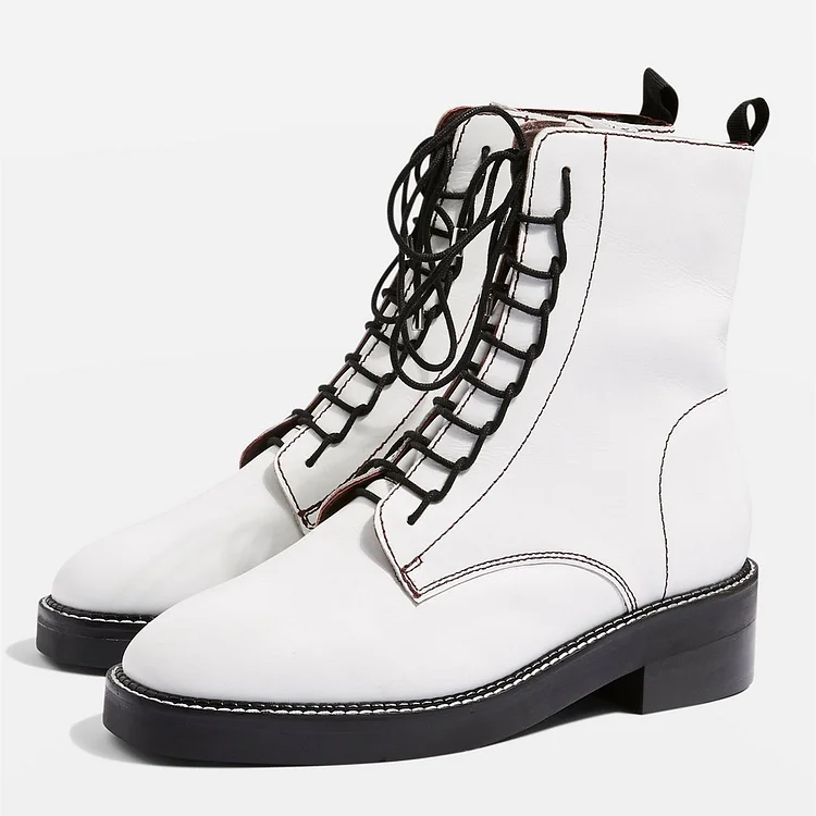 White Lace Up Boots Ankle Boots |FSJ Shoes