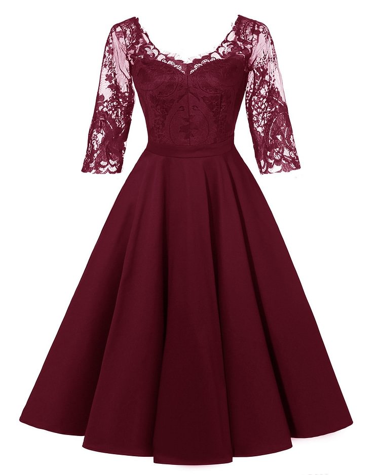 Mayoulove Lace Dresses for Women Lace Patchwork V-neck A Line Dresses-Mayoulove
