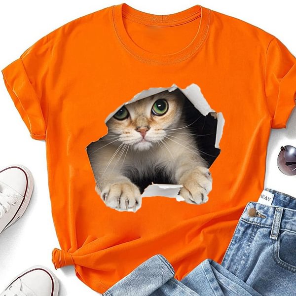 Cute Cat Print T-shirts For Women Summer Lovely Short Sleeve Casual Round Neck T-shirts Ladies Creative Personalized Tops - Shop Trendy Women's Clothing | LoverChic