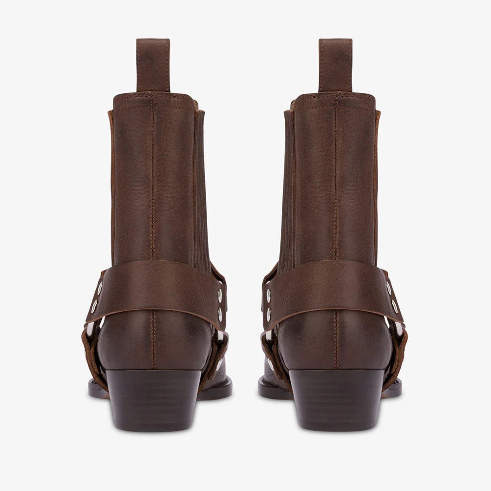 Brown Pointed Toe Chunky Heel Pull-On Ring Buckle Ankle Boots