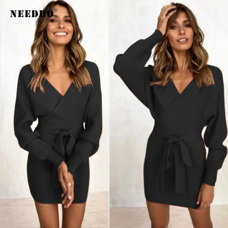 NEEDBO Women Dress Casual Elegant Knitted Mini Dress Autumn Winter Ladies Sexy Sweater Dress Long Sleeve Vintage Korean Dresses