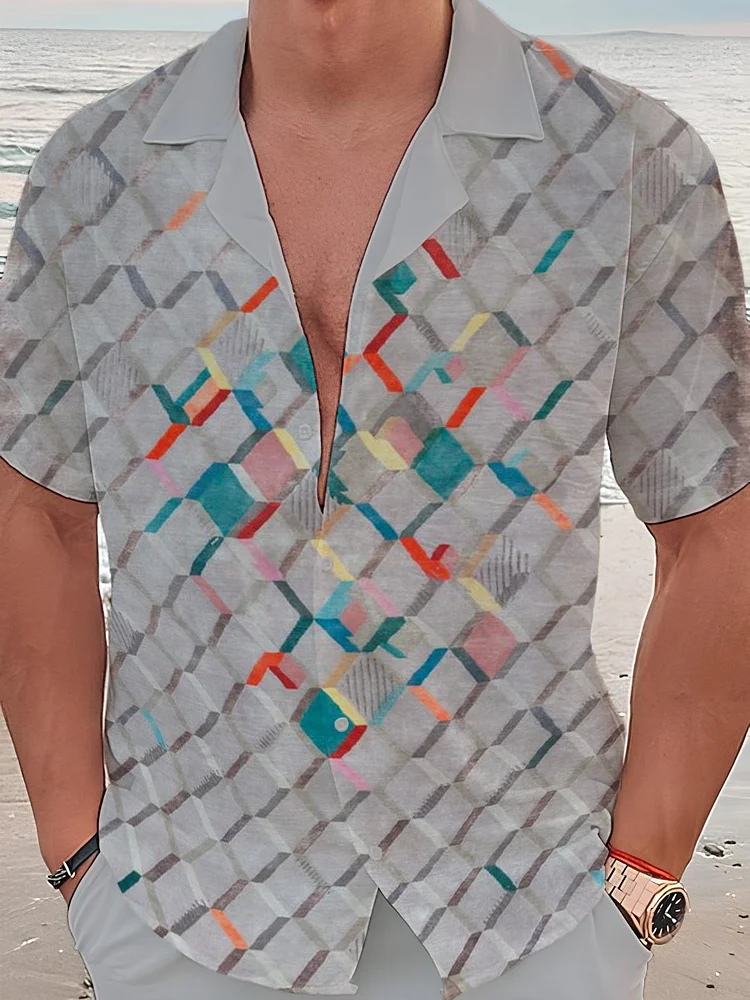 Men's Vacation Color Block Geometric Art Print Short Sleeve Shirt