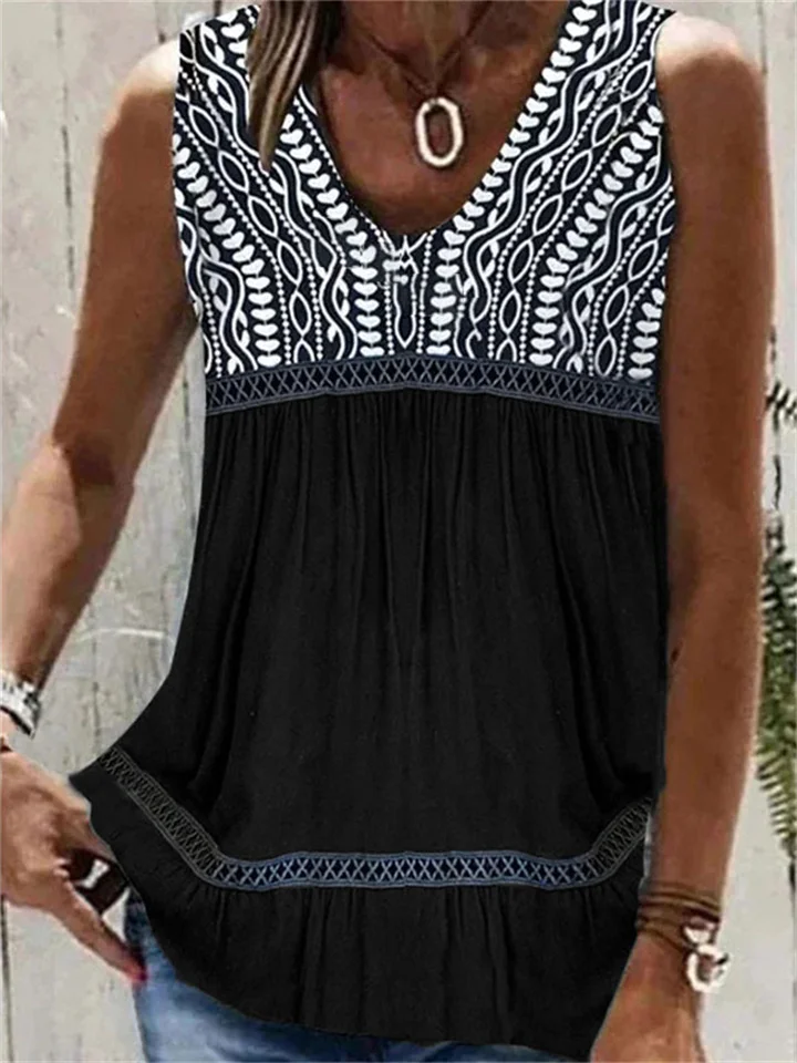 Explosive Women's Summer Lace Geometric Pattern Patchwork Pleated Loose Type Undershirt Sleeveless T-shirt V-neck Women's Tops-Cosfine