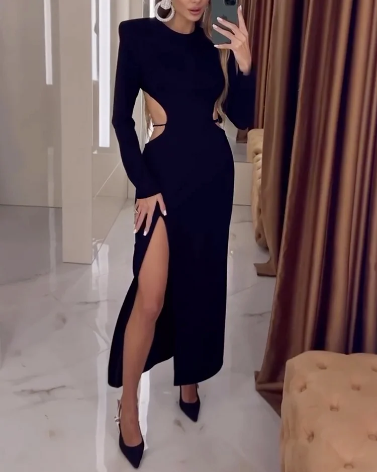 Long sleeve hollow solid color strappy dress