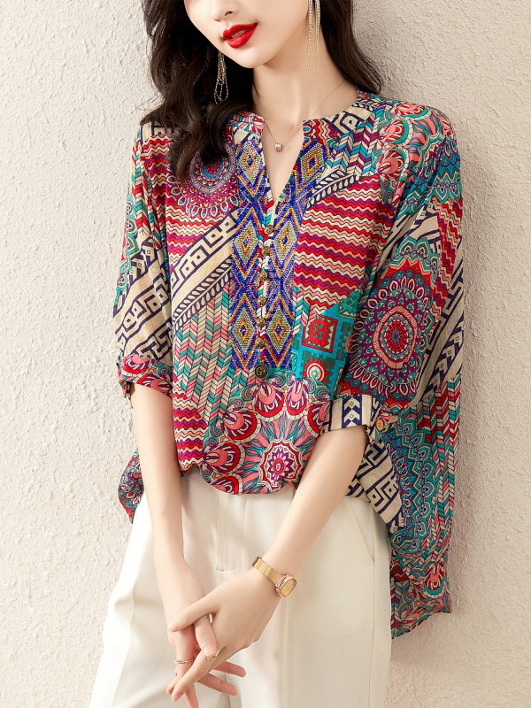 Ethnic Inspired Print V Neck Half Sleeve Top