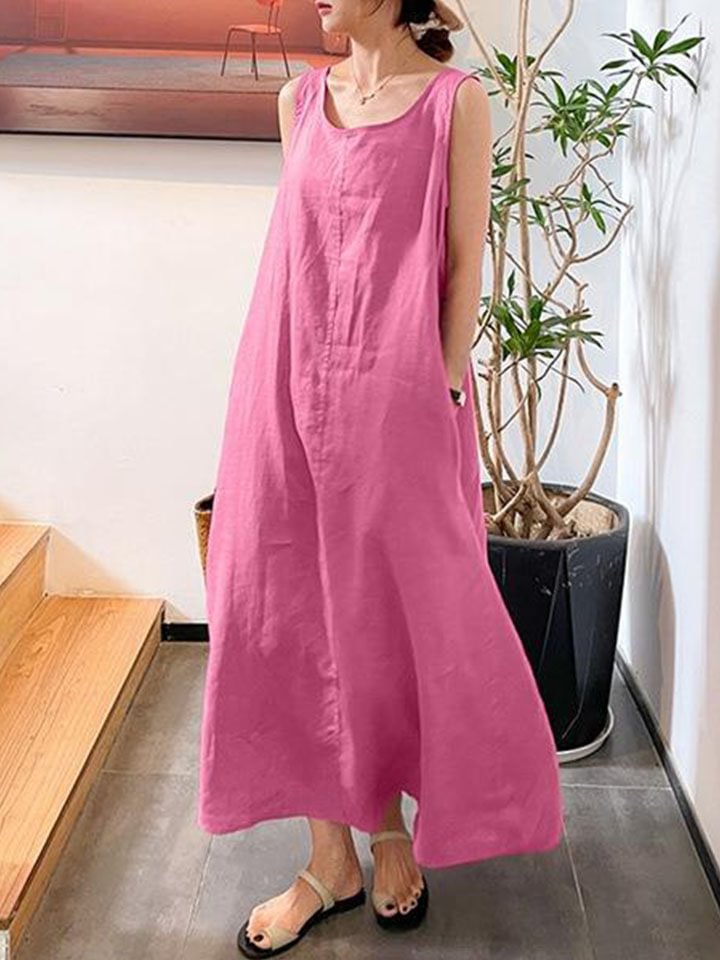 Sling cotton and linen simple style loose pocket round neck long dress