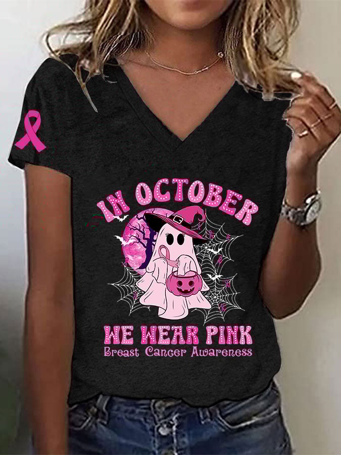 Women's Breast Cancer Awareness In October We Wear Pink Pumpkins and Ghost Pink Ribbon Print T-Shirt