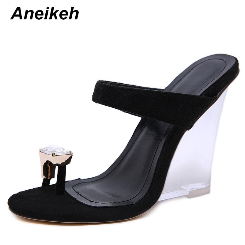Aneikeh 2021 Fashion Shoes Woman Sandals PVC Crystal Wedges Transparent Sexy Clear High Heels Summer Wedding Pumps Size 41