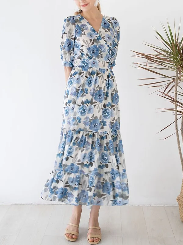 V-neck blue print dress