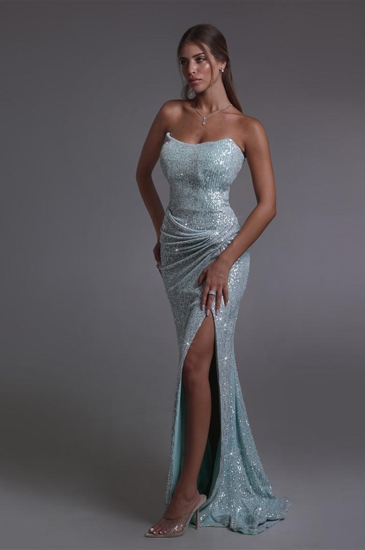 Lussooy Sequins Mint Strapless Sleeveless Long Pleated Prom Dress with Split 