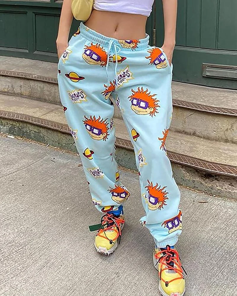 Cartoon Print Pockets Design Drawstring Casual Pants