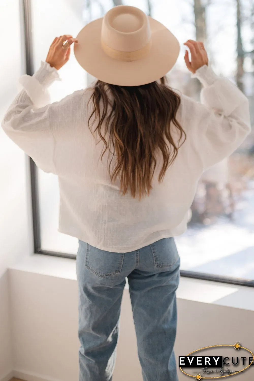 White Lace Trim Dotty Crinkle Texture Shirt