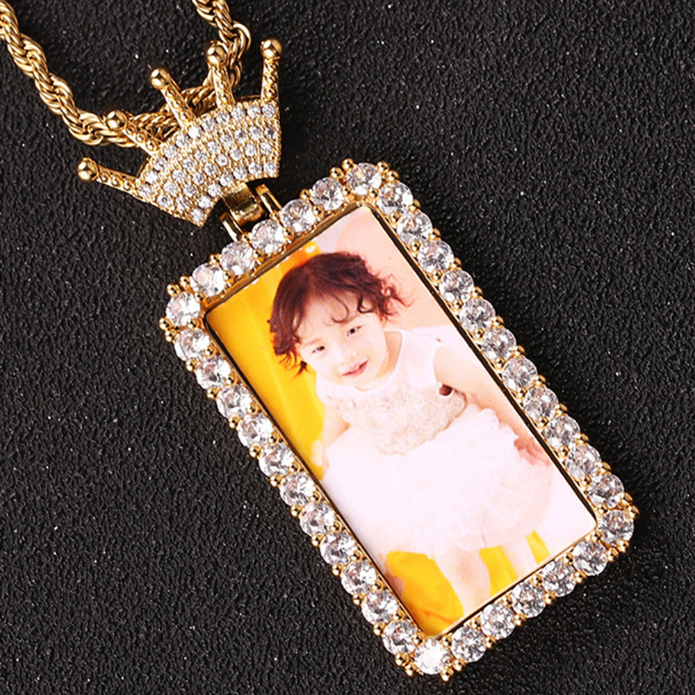 Personalized Picture Square Crown Iced Out Pendant Necklace