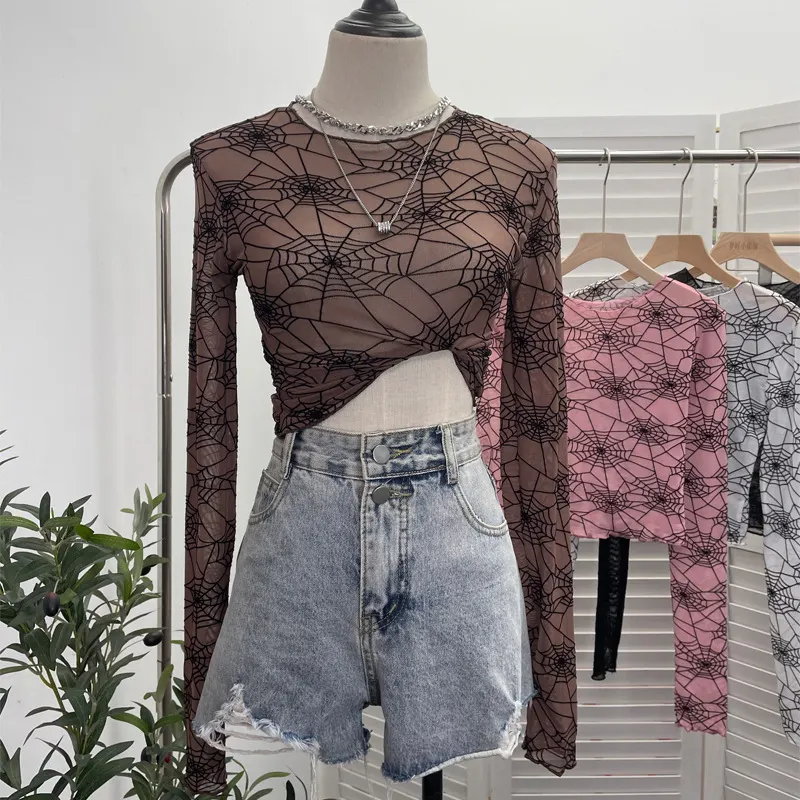 Uveng Spider-Web Yarn Velvet Perspective Bottom Shirt Dark T-Shirt T-Shirt Short Long-Sleeved T-Shirt Top 9908