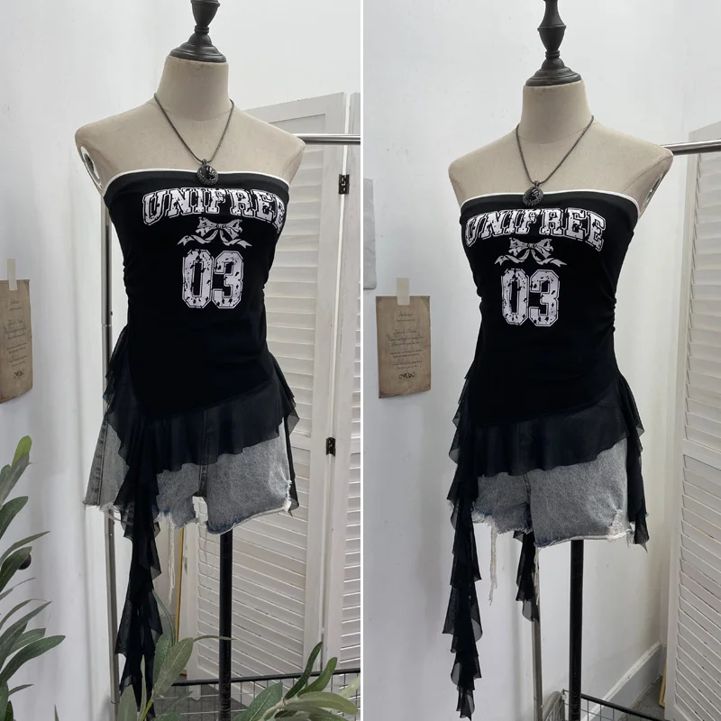 Nigikala Nigikala Shooting Retro Letter Print Bump Color Palette Vest Body Splicing Mesh Yarn With Hottie Top 8089