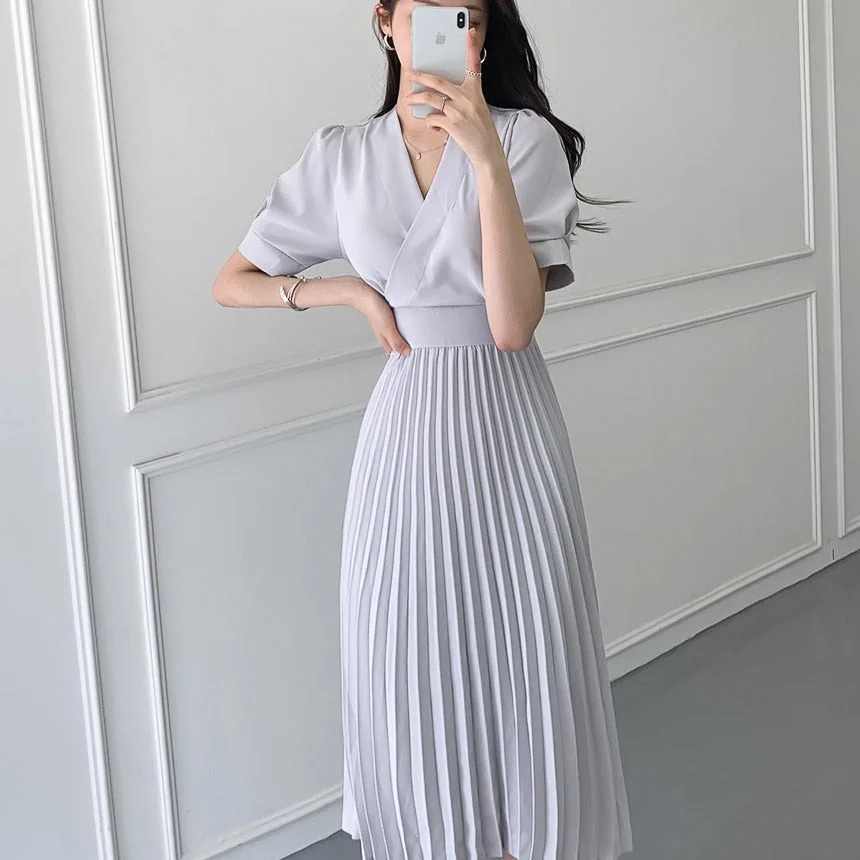 High Quality New Women Summer Clothes Elegant V-Neck Slim Office Lady Casual A-Line Bandge Pleated Dress Vestidos