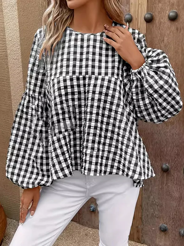 Split-Joint Plaid Hollow Elasticity Puff Sleeves Loose Round-Neck Blouses&Shirts Tops