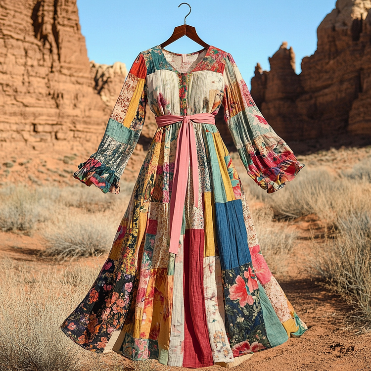 Women's Vintage Floral Patch Art Linen Maxi Dress