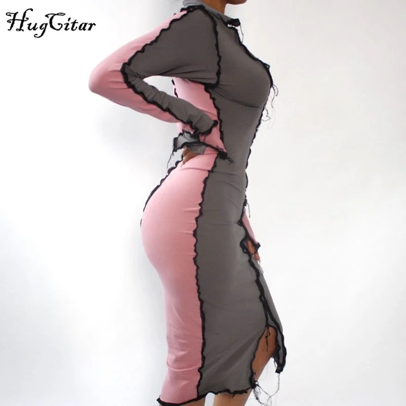 Hugcitar 2020 Long Sleeve Patchwork Irregular Skinny Midi Dress Autumn Winter Women Fashion Sexy Party Club Outfits