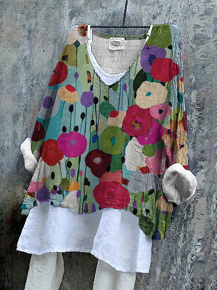 Comstylish Colorful Floral Art Painting Linen Blend Blouse